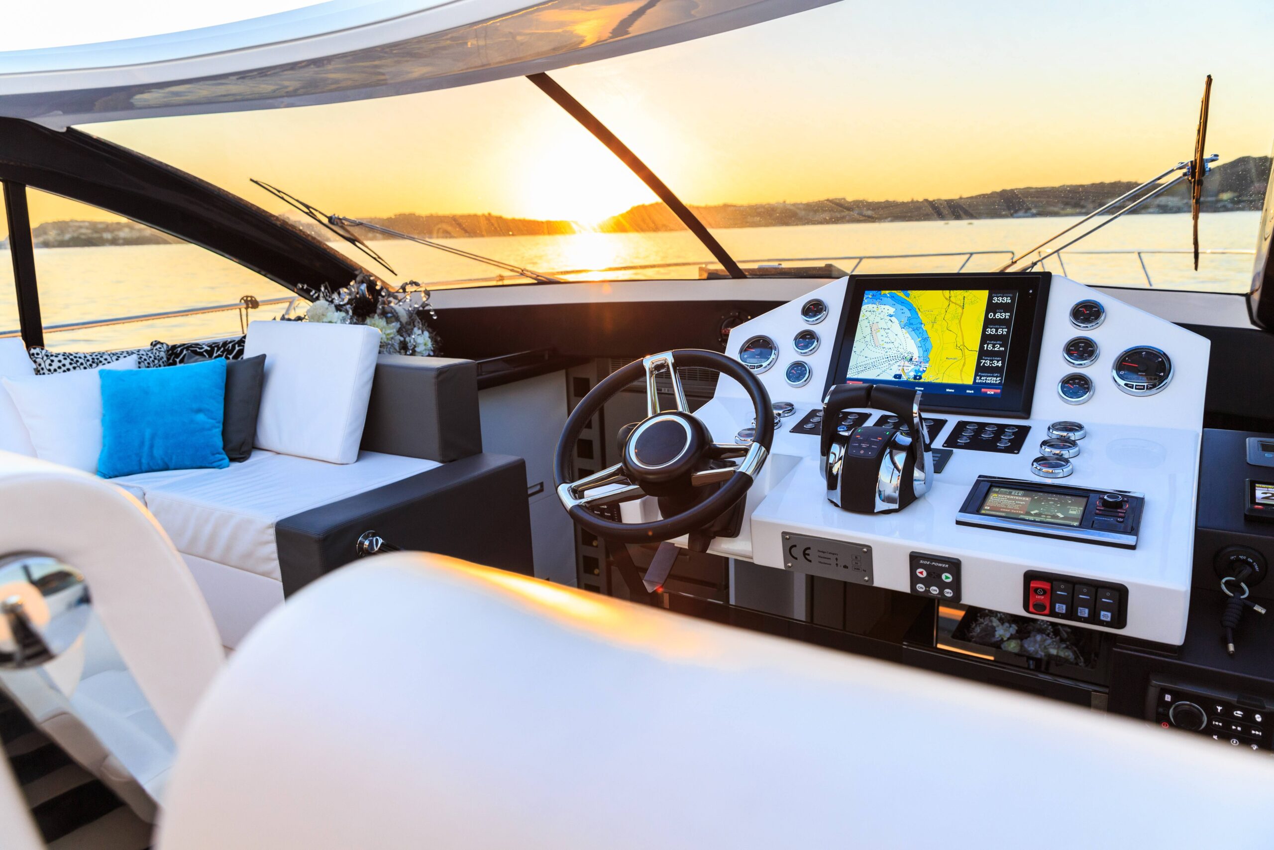 interior of luxury motoryacht at sunset