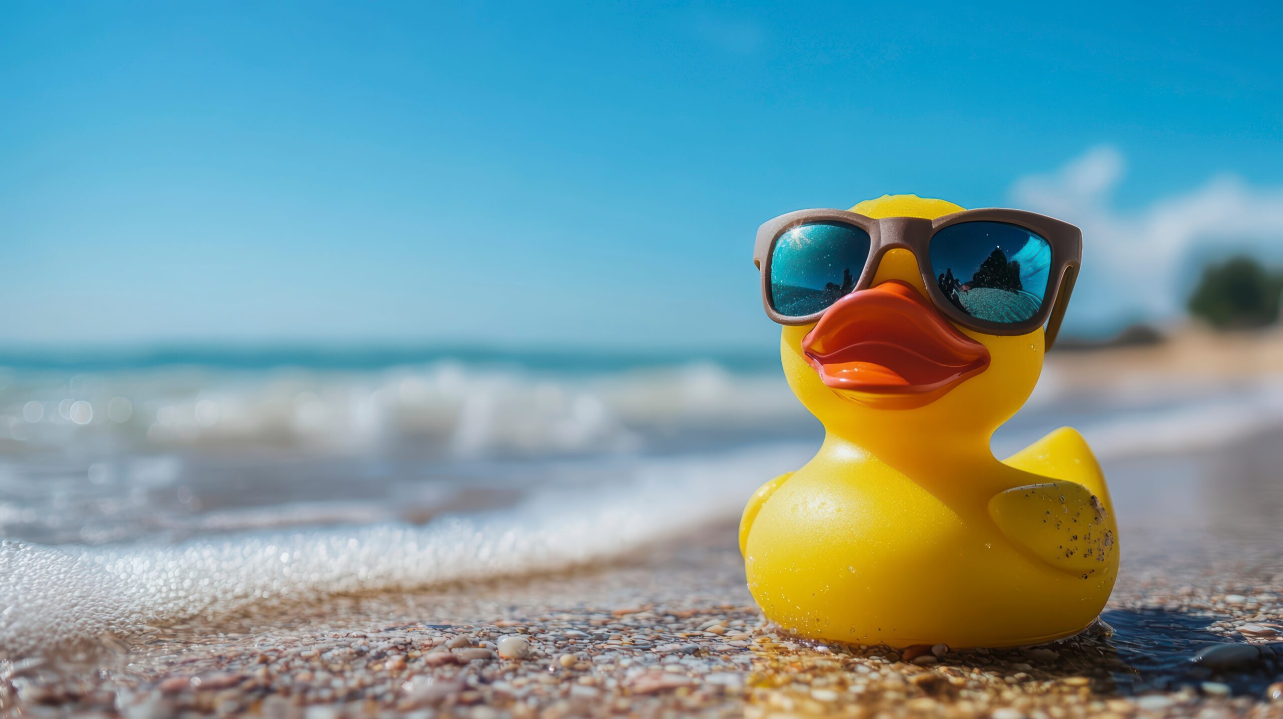 Yellow rubber duck wearing sunglasses on a beach as part of the Catch Me Coastal Duck Hunt experience